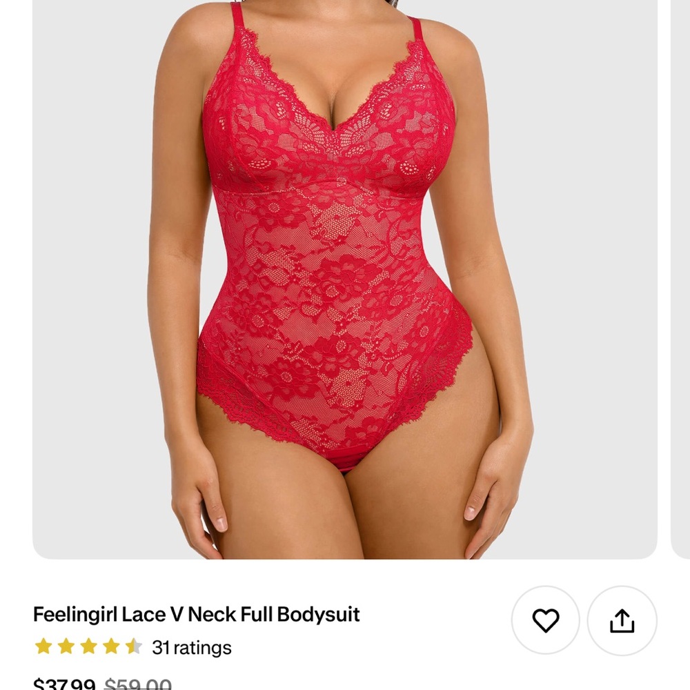 Feelingirl Red Lace V Neck Full Bodysuit